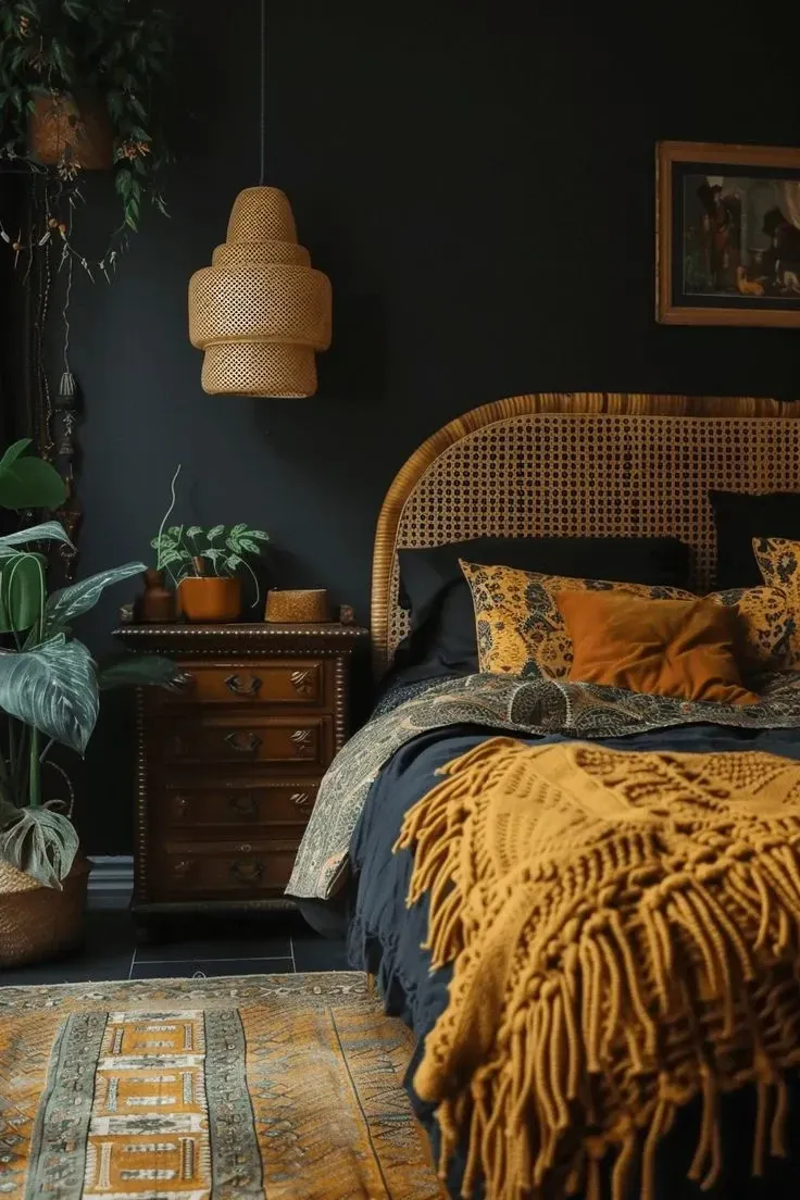 dark boho bedroom ideas with mustard bedding, black wall, woven headboard, plants, and patterned rug