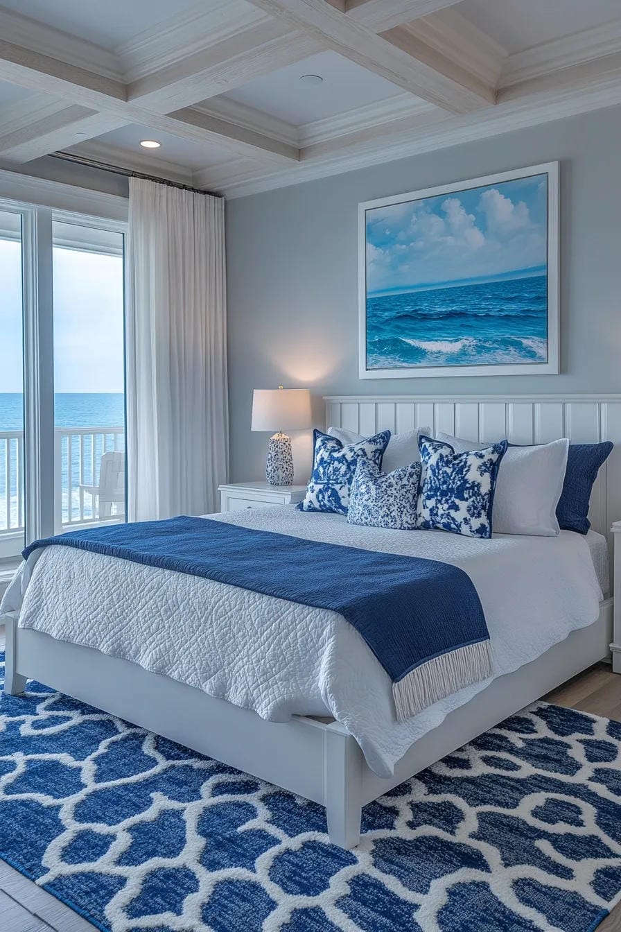 summer bedroom decor ideas with use navy blue for a coastal hotel feel