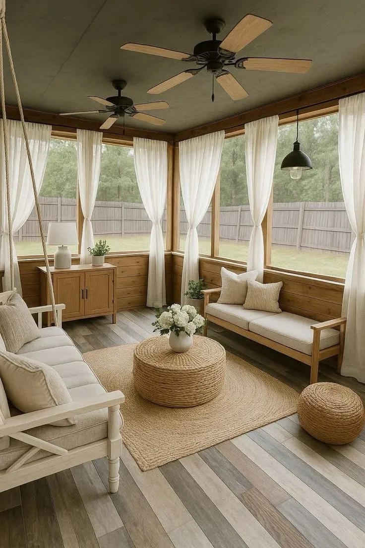screened in porch decorating ideas with white curtains daybed neutral pillows and woven ottoman