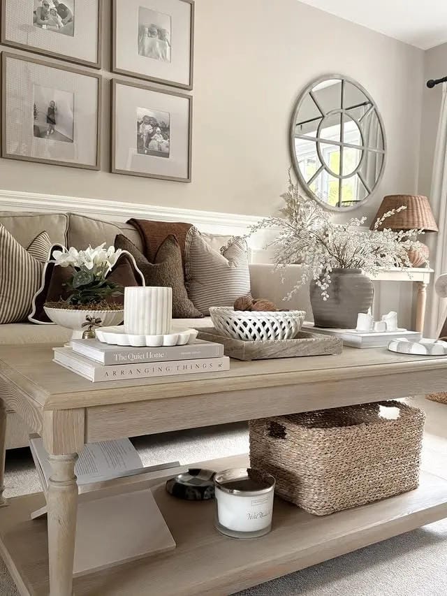 coffee table decor for summer with light neutral styling