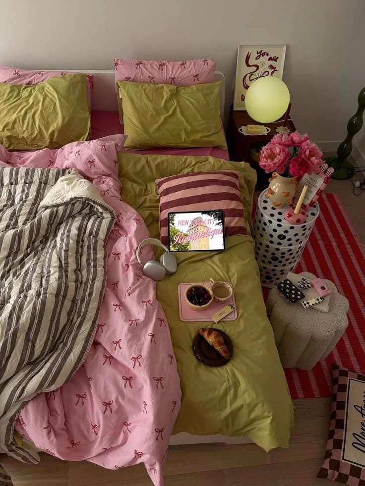 fall bedding idea with layered bedding and bedroom decor