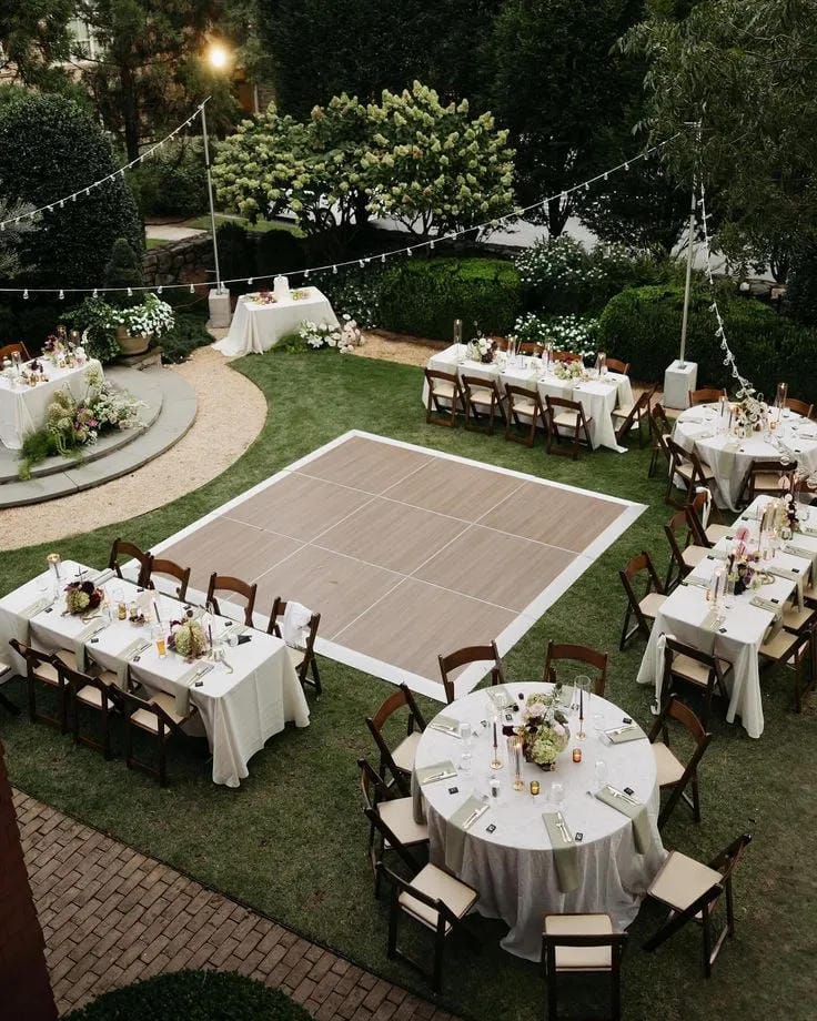 outdoor wedding reception ideas with tables and string lights