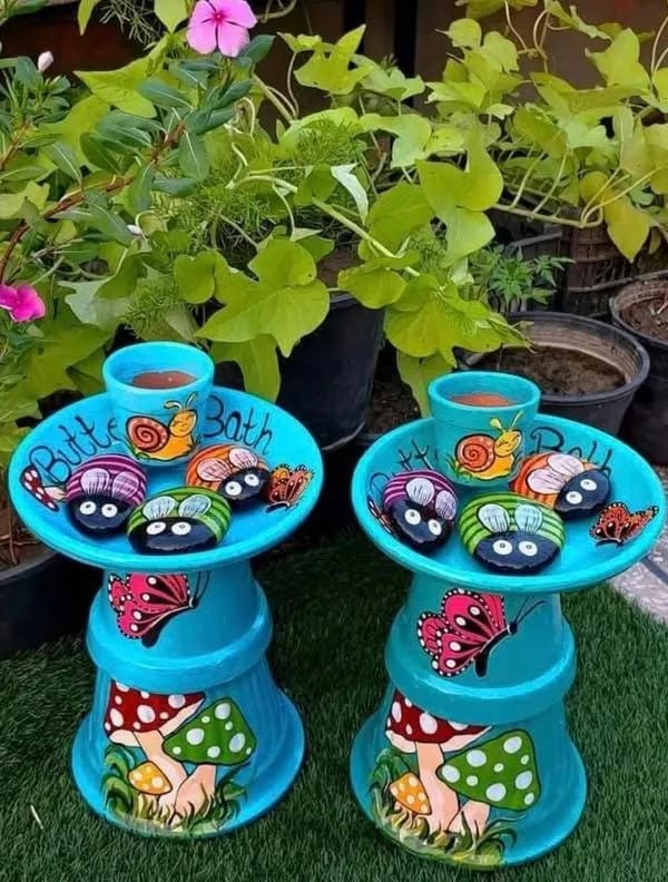 DIY bird bath idea with bright painted bases, ladybugs, and mushroom details