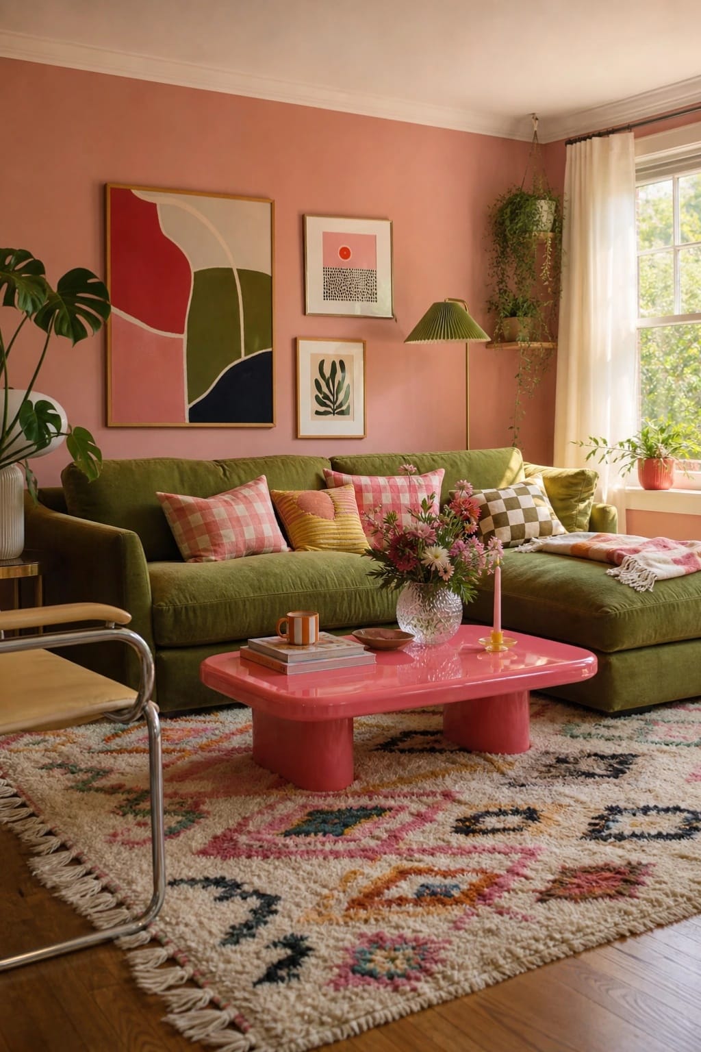 colorful living room ideas with green sofa, pink coffee table, pink walls, patterned rug, plants, and colorful art