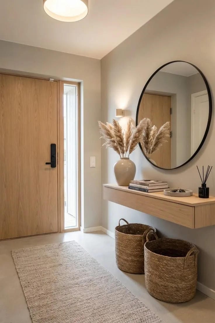 small entryway decor with floating console round mirror baskets and pampas grass