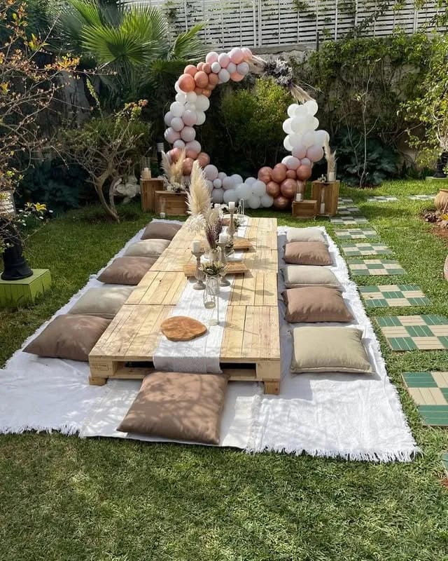 garden party decor with pastel flowers