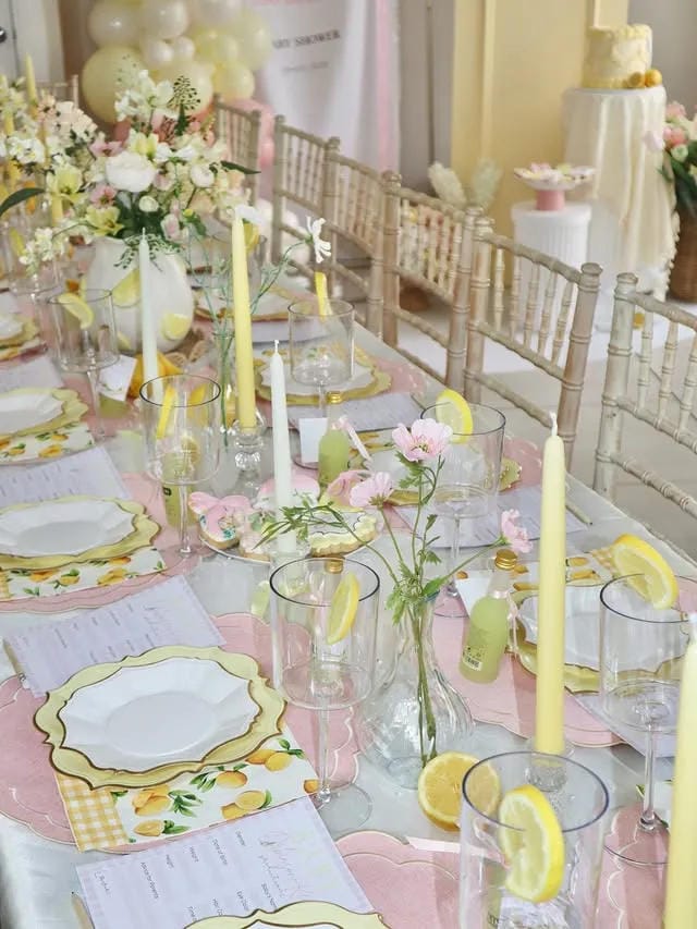 girl baby shower pastel table with lemon details