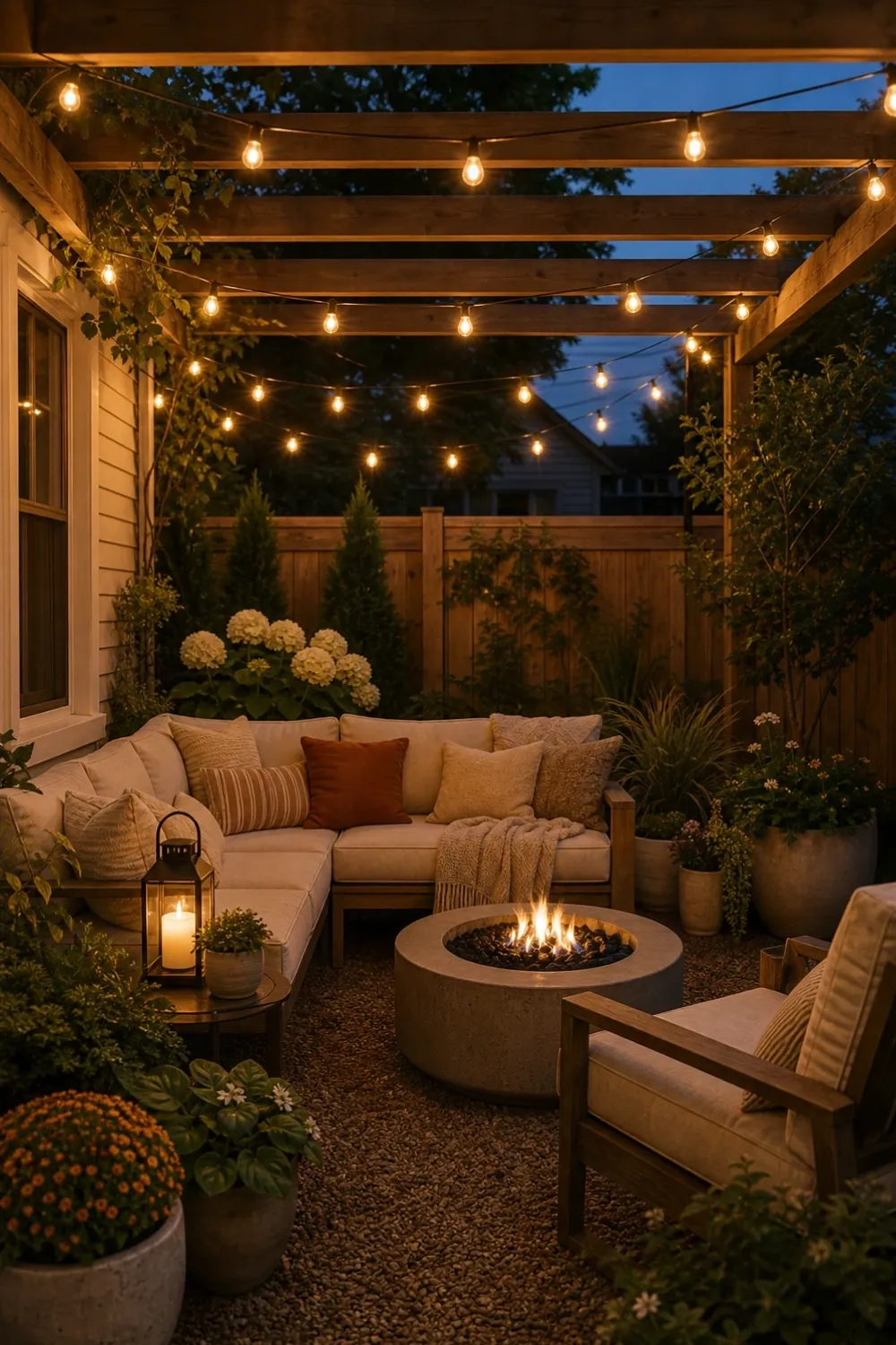 outdoor string light ideas with hang lights above a deck sofa