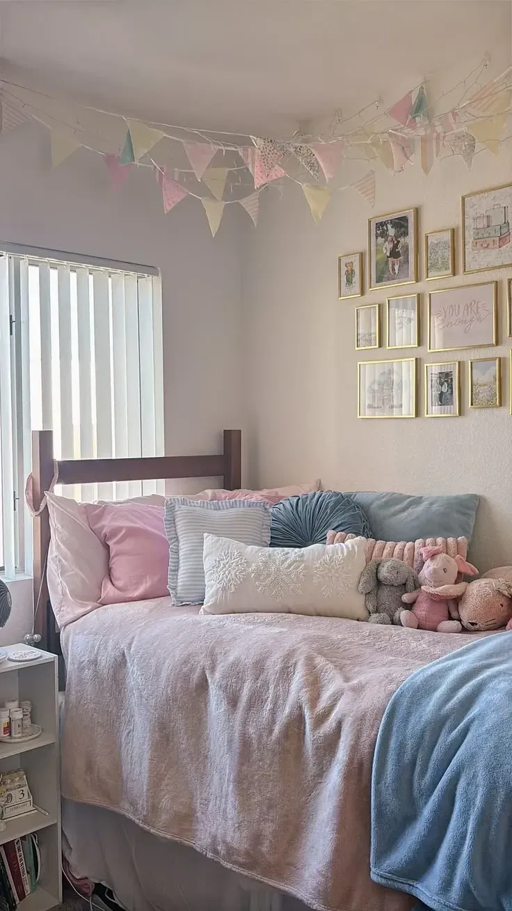 pink and blue dorm room ideas with pink and blue flag garland, blue blanket, pink pillows, gallery wall, and shelf decor