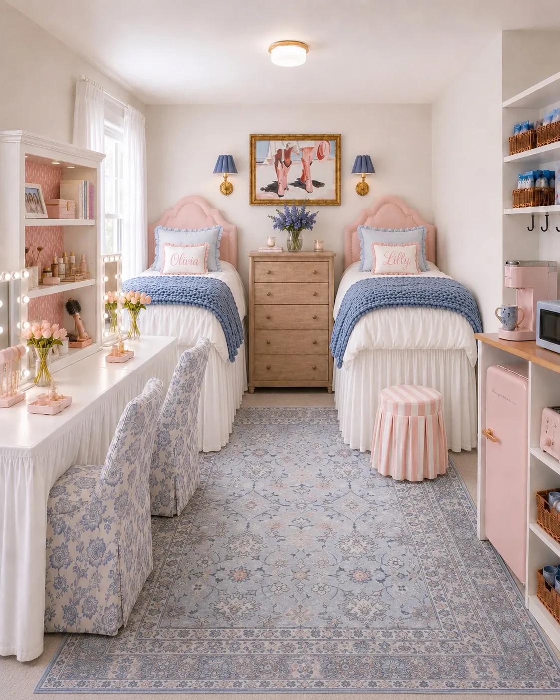 pink and blue dorm room ideas with pink desk shelves, blue bedding, pink pillows, dorm desks, and colorful wall art