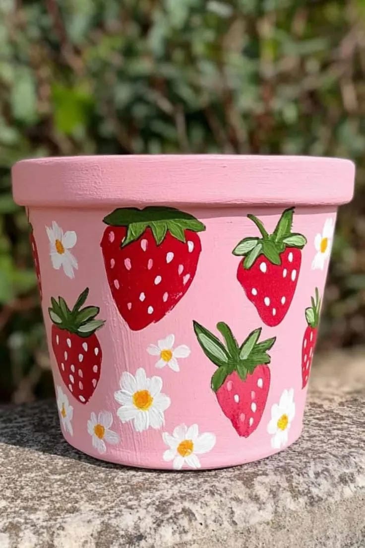 painted flower pot idea with pink base strawberries daisies and green leaves