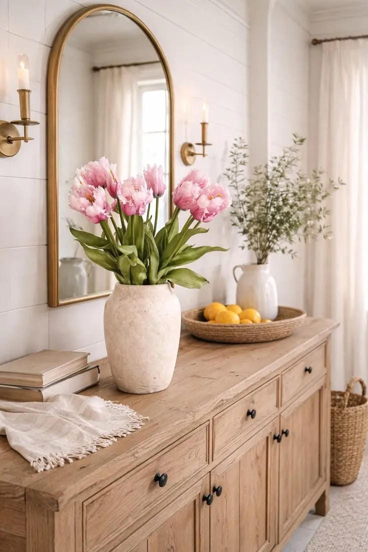 entryway table decor with pink tulips arched mirror and wood console
