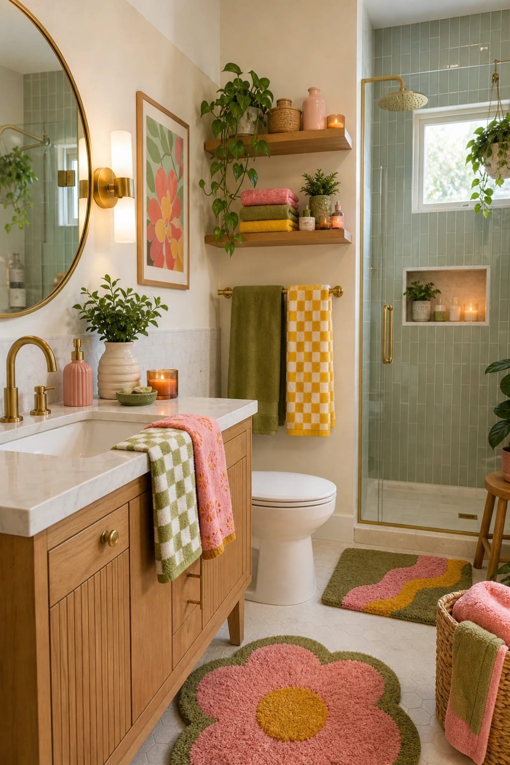 fun bathroom with sage tile wood vanity flower bath mat and colored checkered towels