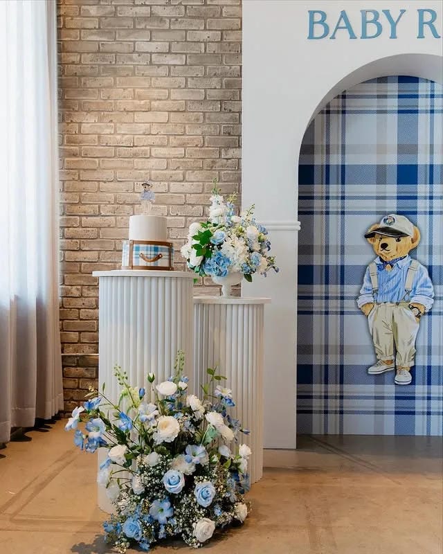 boy baby shower blue plaid backdrop