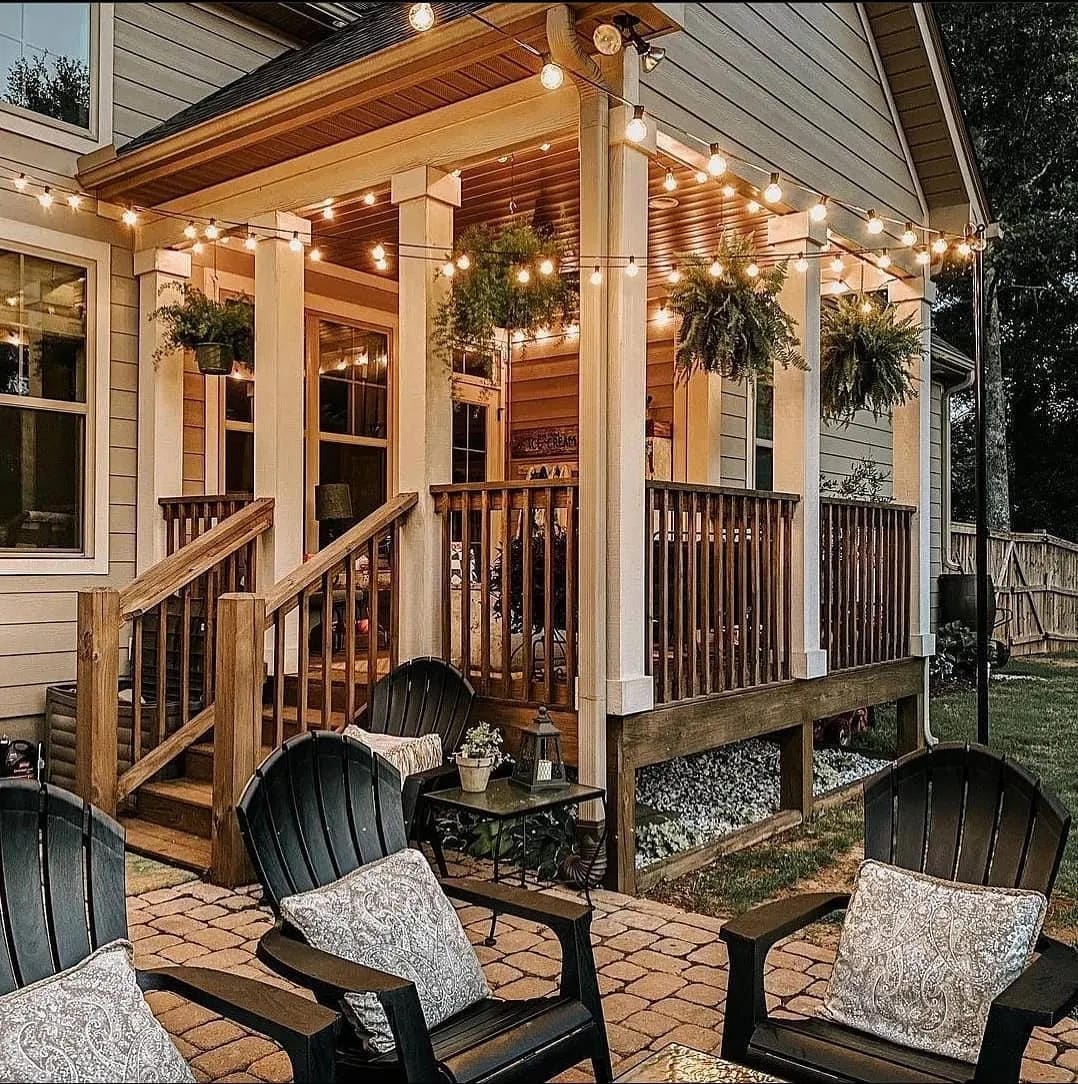 outdoor string light ideas with wrap porch beams with warm lights