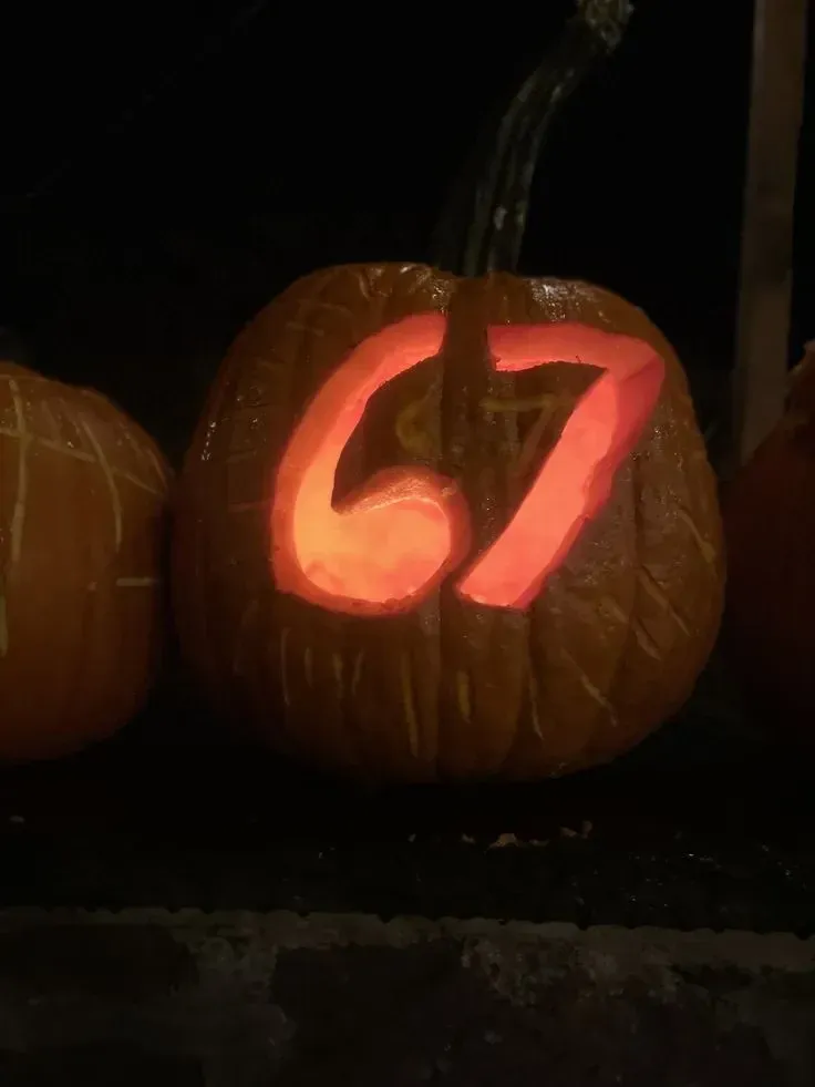 kid friendly pumpkin carving ideas with viral 67 meme pumpkin, glowing carved numbers, and simple Halloween design