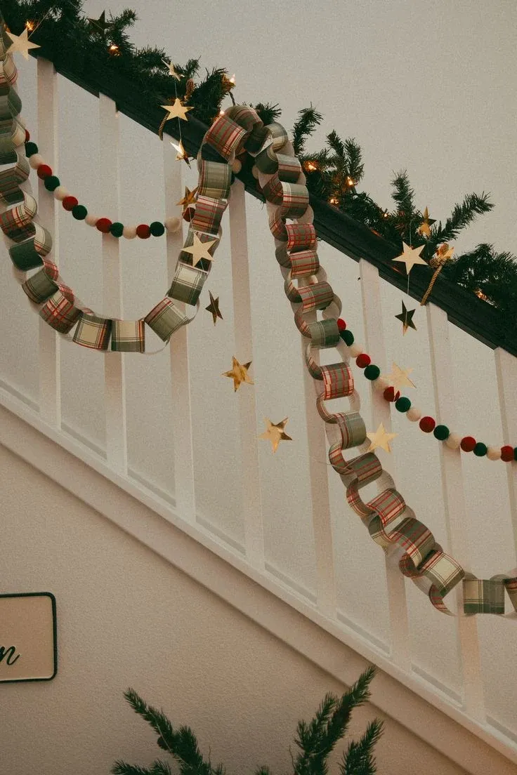 Festive stair garland with Scandinavian colors for Scandinavian Christmas decor