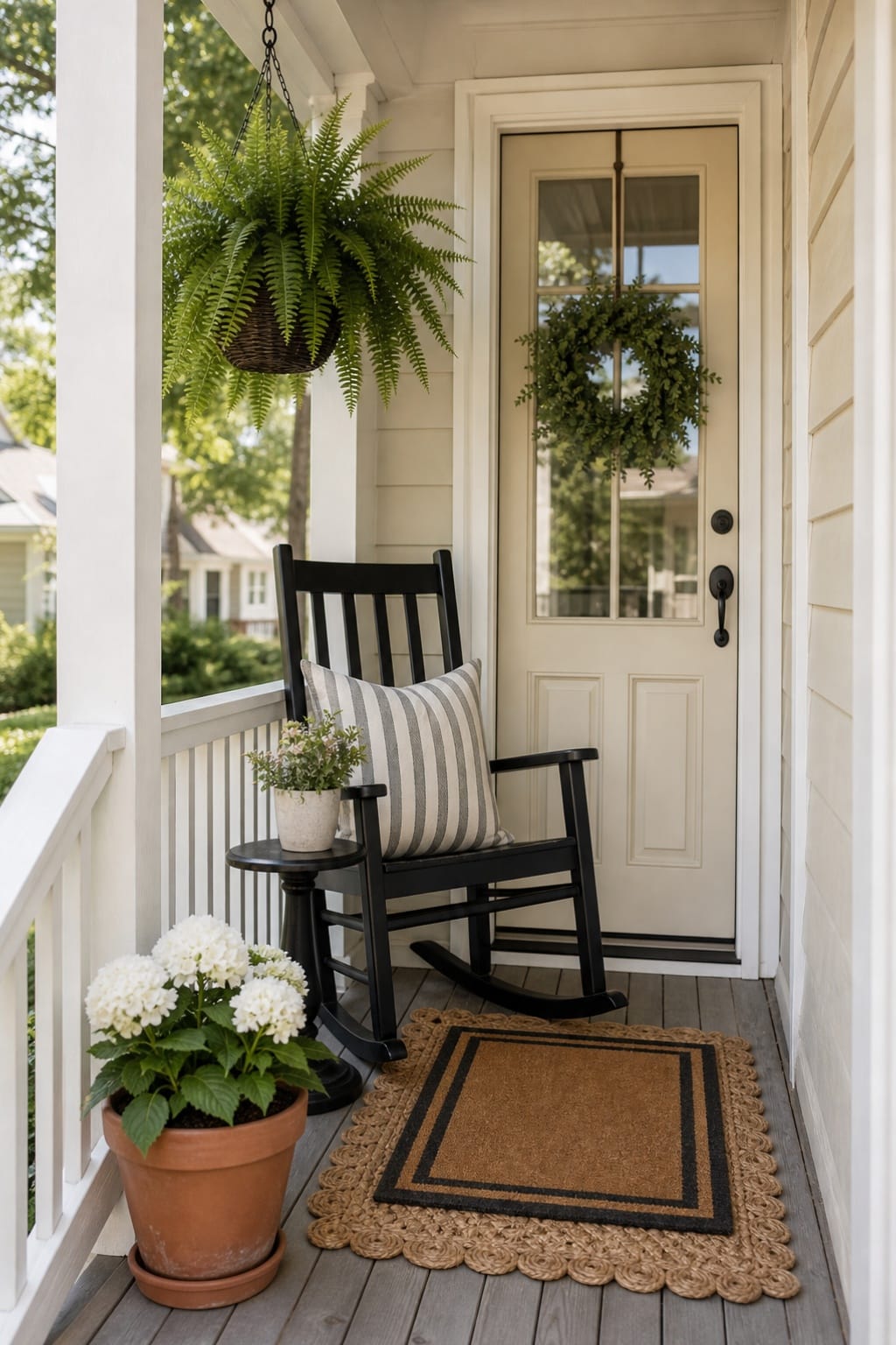 small front porch ideas with black rocking chair hanging fern wreath hydrangea pot and layered doormat