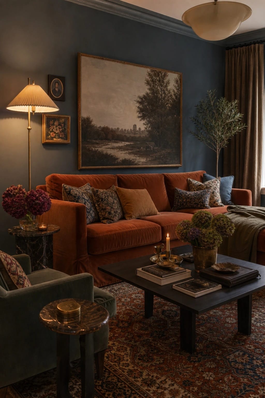 moody living room ideas with rust sofa, dark blue walls, vintage landscape art, warm lamp, patterned rug, and dark coffee table