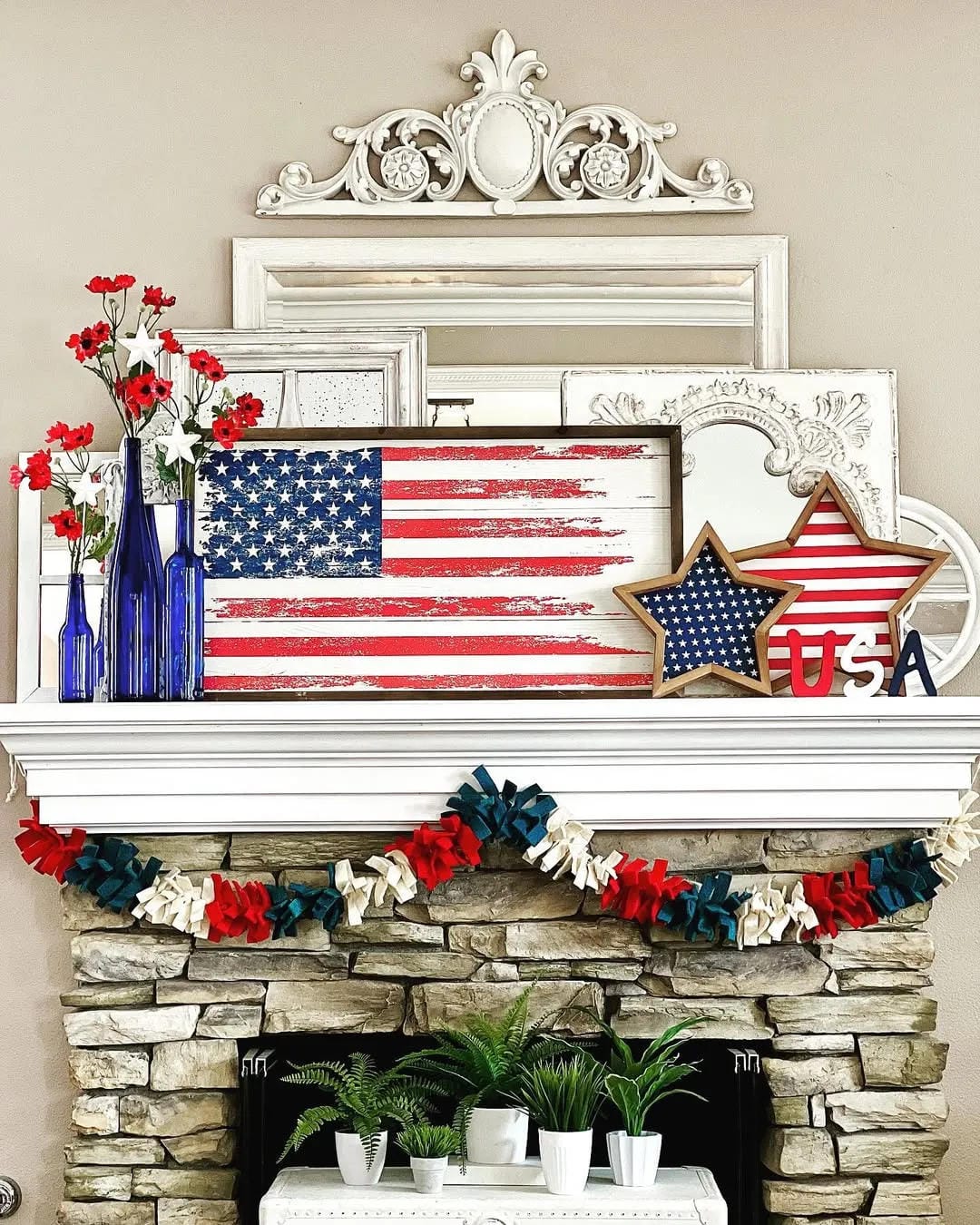 summer mantel decor ideas with go bold with a rustic flag sign