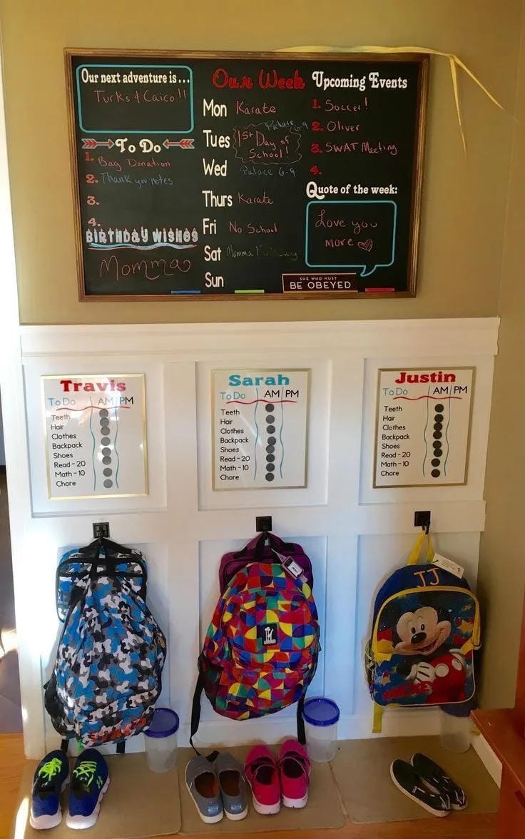 back to school mudroom idea with cubbies and hooks