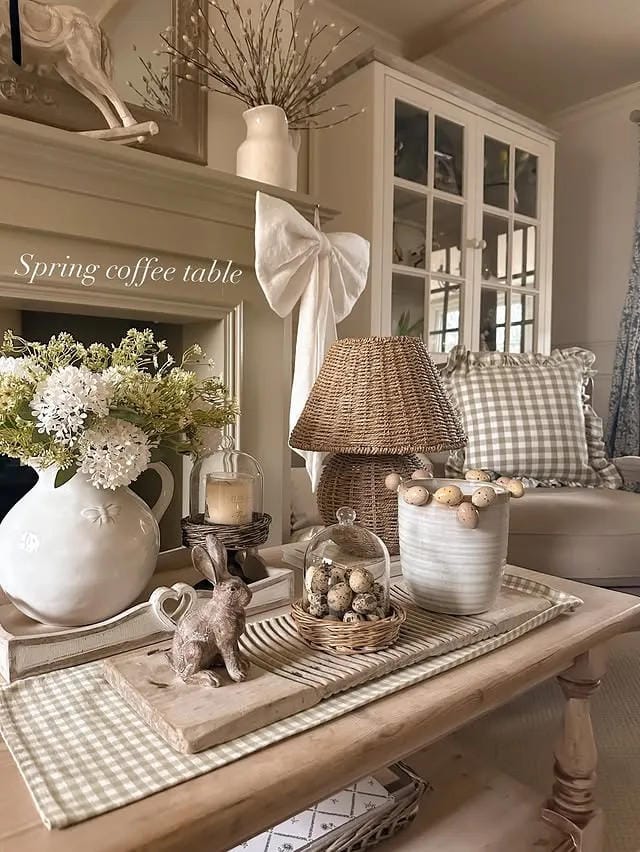 coffee table decor ideas with spring tray flowers bunny decor lamp and seasonal accents