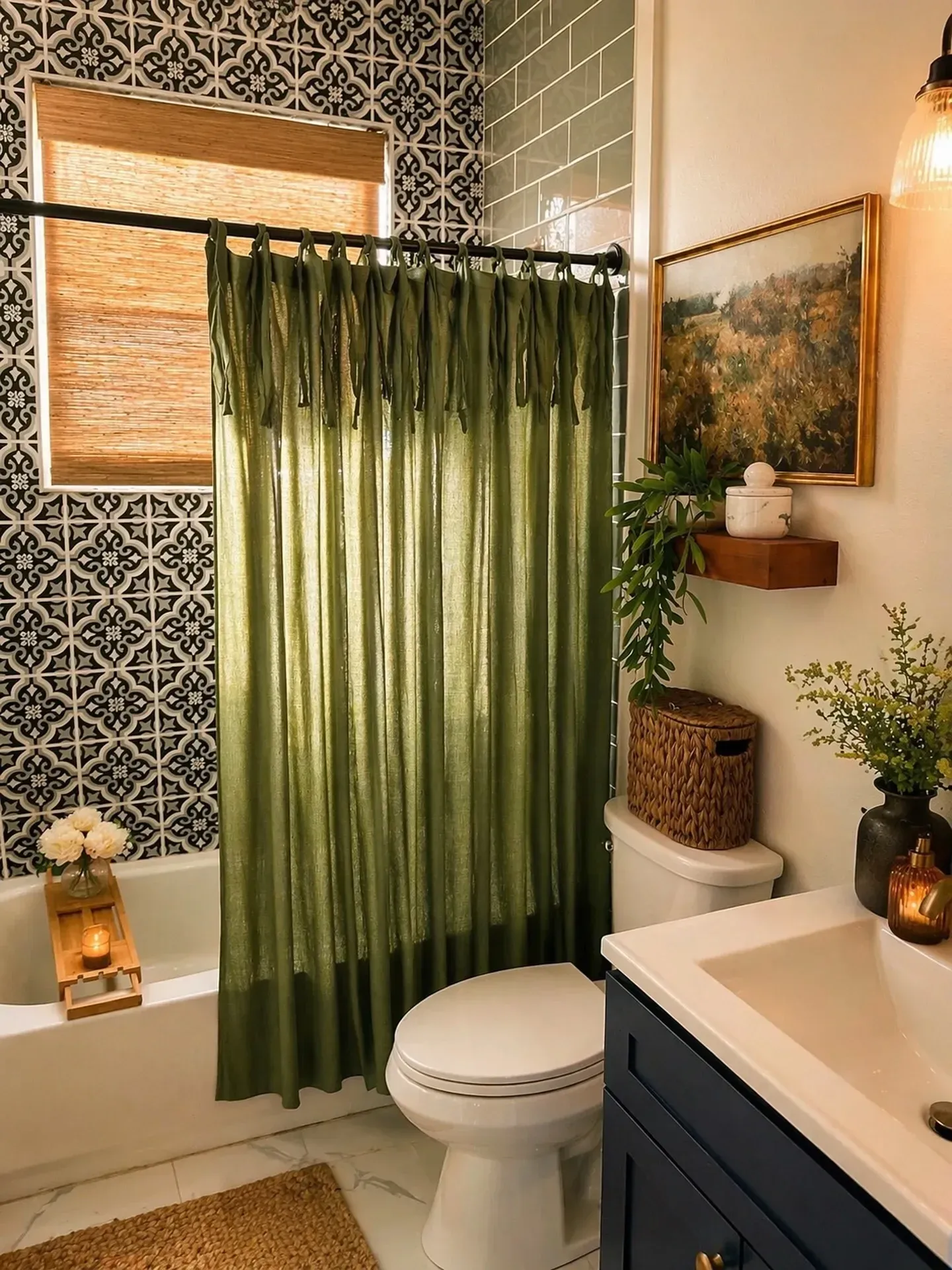 colorful bathroom with olive green shower curtain black patterned tile and warm lighting