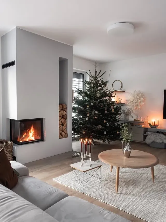 Minimal Christmas living room with a tree for Scandinavian Christmas decor