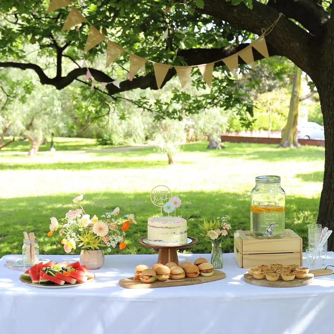 backyard party aesthetic ideas with set up a simple dessert table