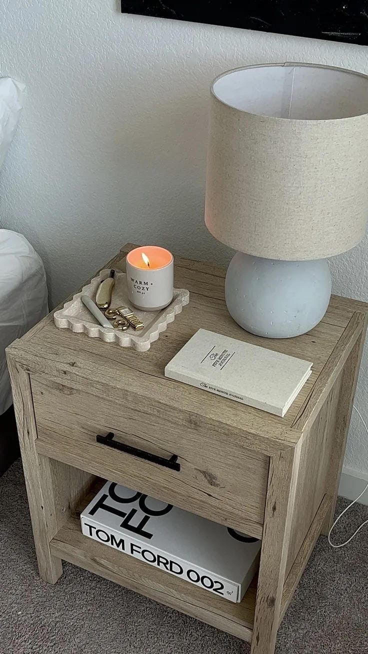 small nightstand decor ideas with lamp candle notebook and tray