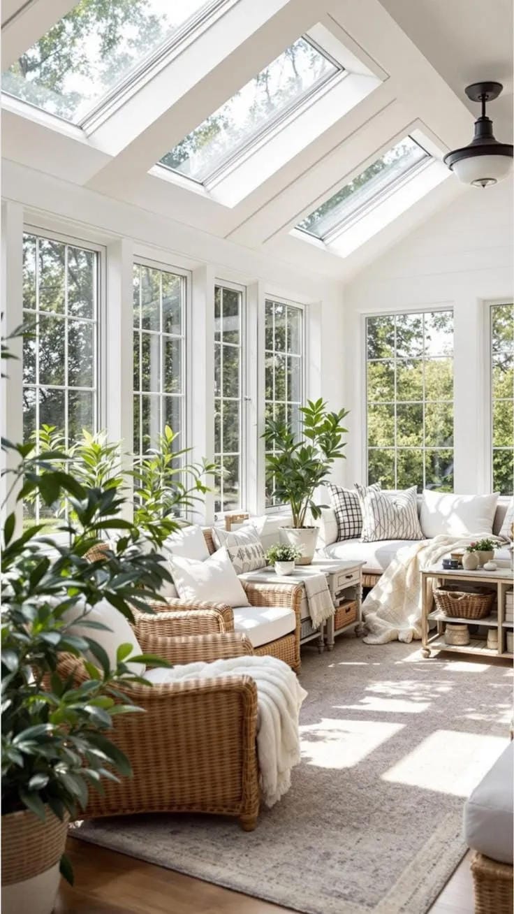screened in porch decorating ideas with skylights wicker seating plants and bright windows
