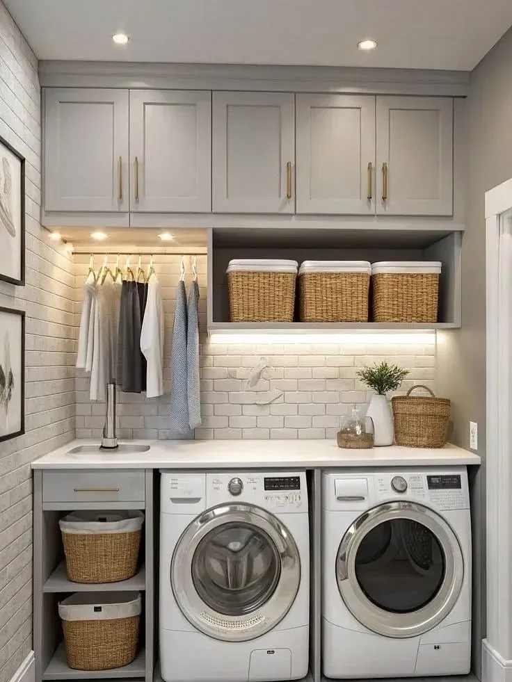 small laundry room ideas with upper cabinets, basket cubbies, hanging clothes, side by side washer dryer, and laundry storage