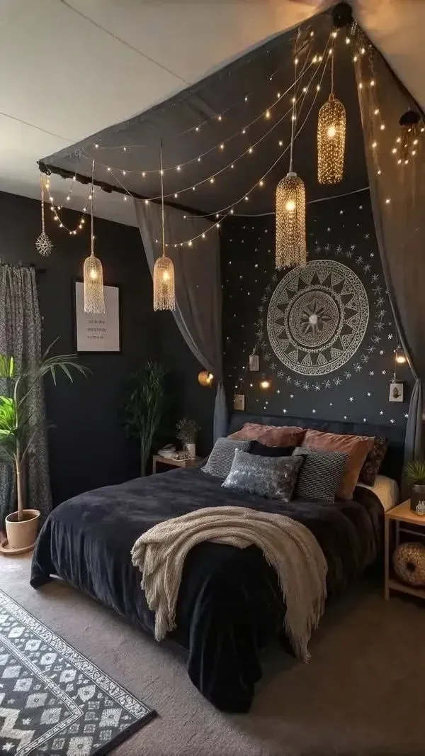 dark boho bedroom ideas with string lights, canopy fabric, hanging lanterns, tapestry, and dark bedding