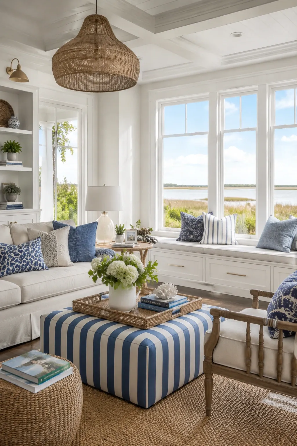 aesthetic coastal living room ideas with striped ottoman, blue pillows, and bright windows