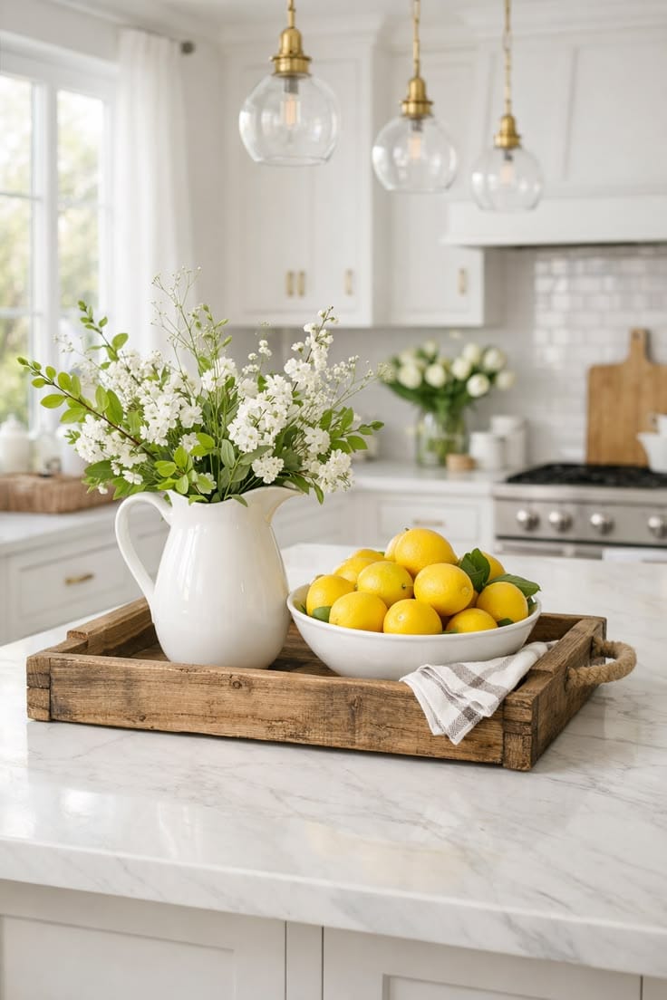 summer kitchen decor ideas with bring in coastal blue cabinetry
