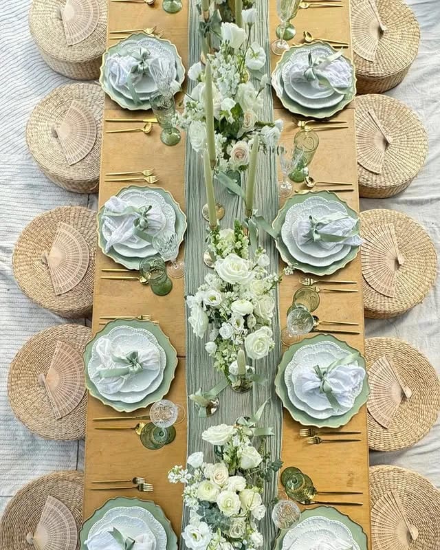 sage green neutral baby shower table decor