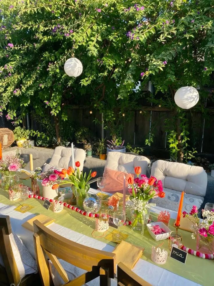 garden party decor with string lights