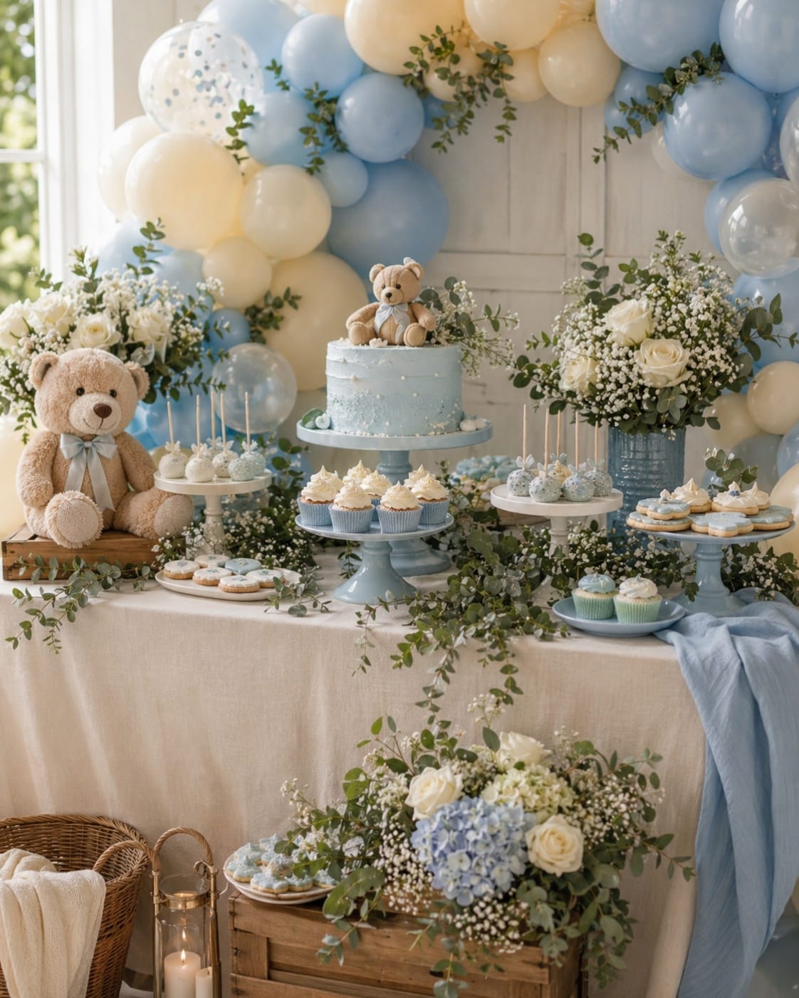 boy baby shower blue teddy bear dessert table