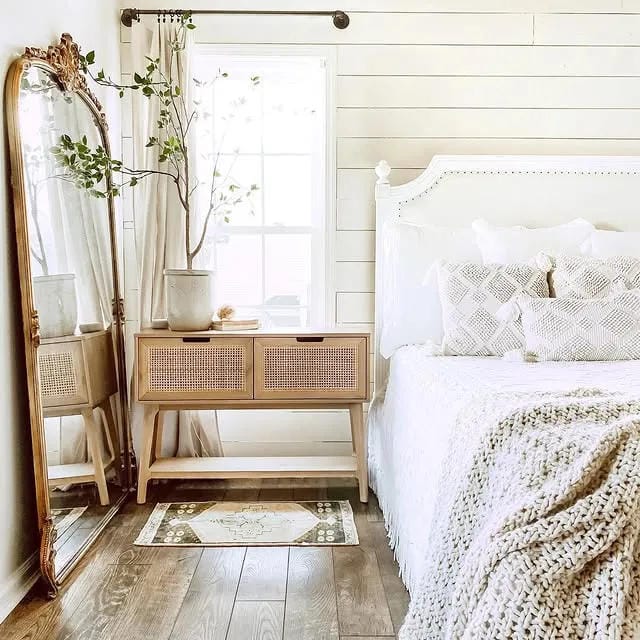 nightstand decor ideas with rattan nightstand tall branches lamp and mirror