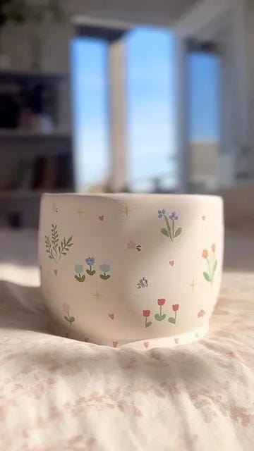 painted flower pot idea with tiny hand painted flowers and soft neutral design