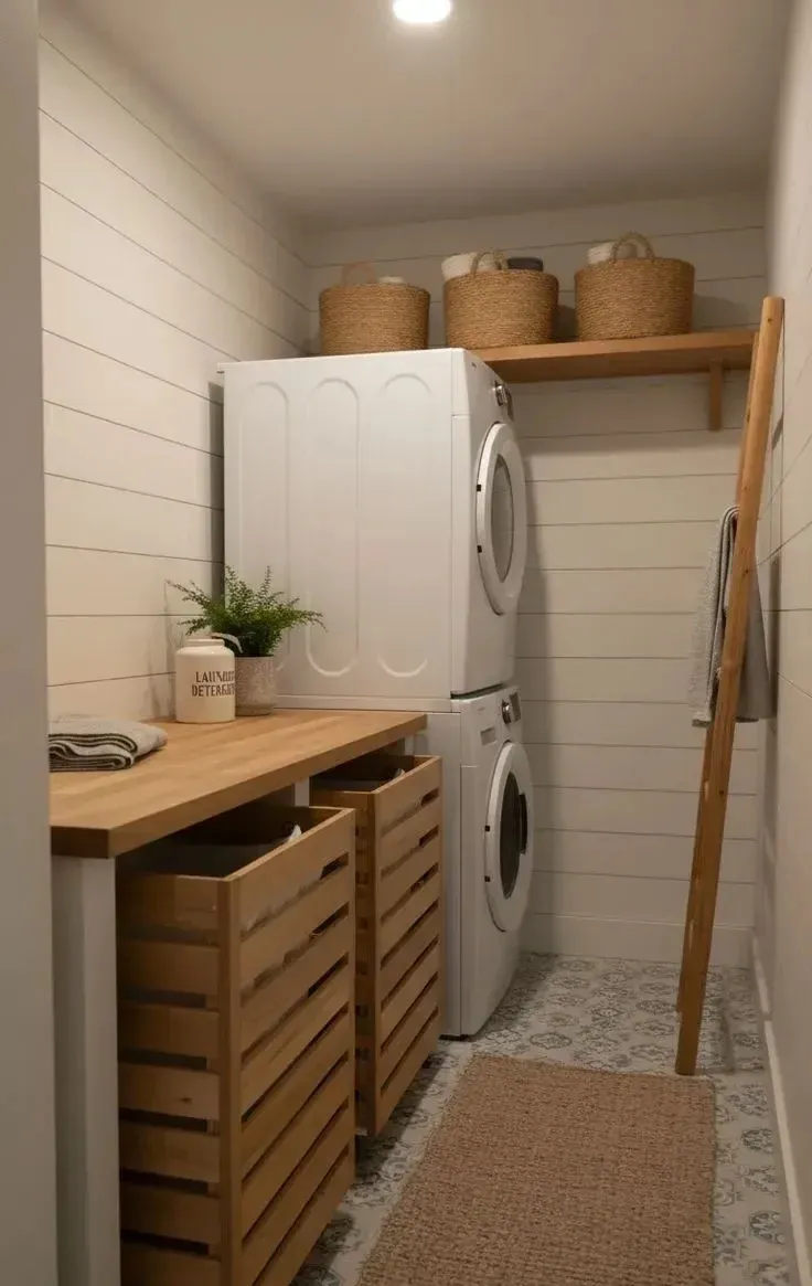 small narrow laundry room with pull out containers and farmhouse ladder