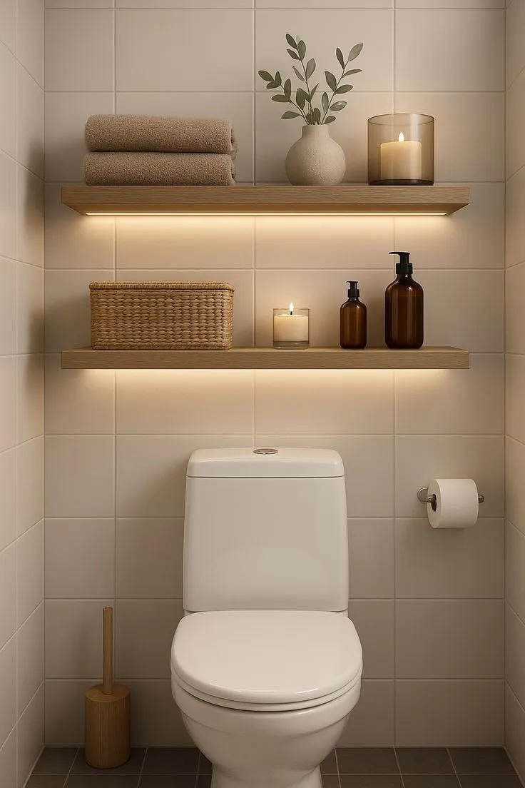 bathroom shelf decor ideas with floating shelves warm lighting towels basket candles and amber bottles