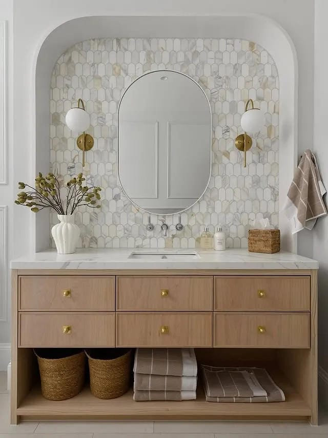 bathroom vanity shelf decor with woven baskets towels and floral branches