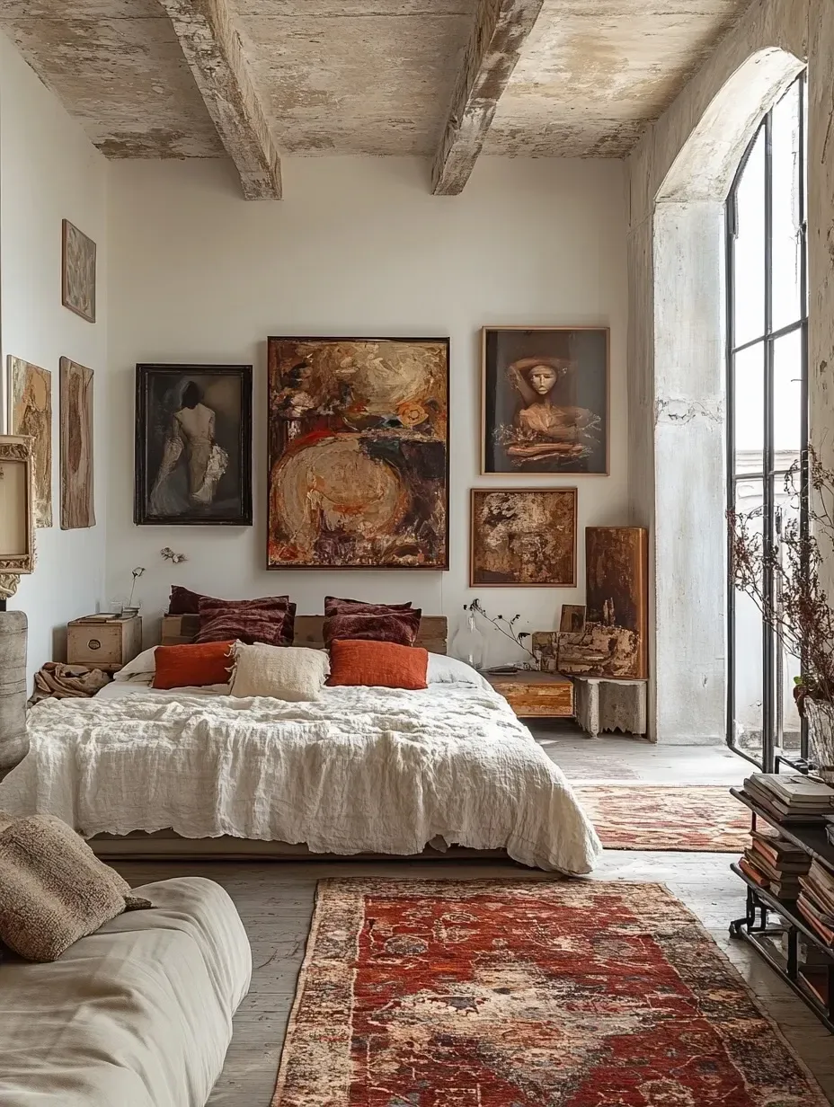 dark boho bedroom ideas with vintage artwork, red rug, rust pillows, wood furniture, and tall windows