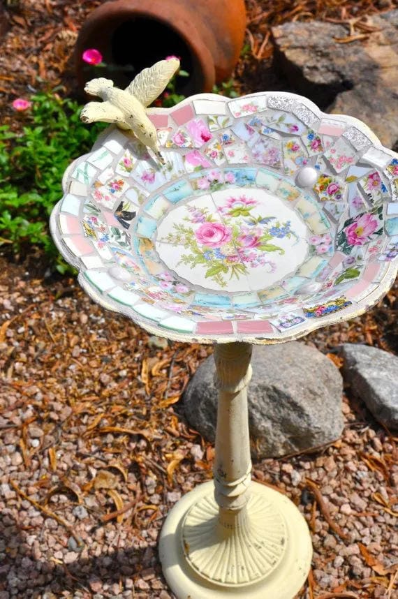 DIY bird bath idea with vintage floral china bowl and dragonfly detail
