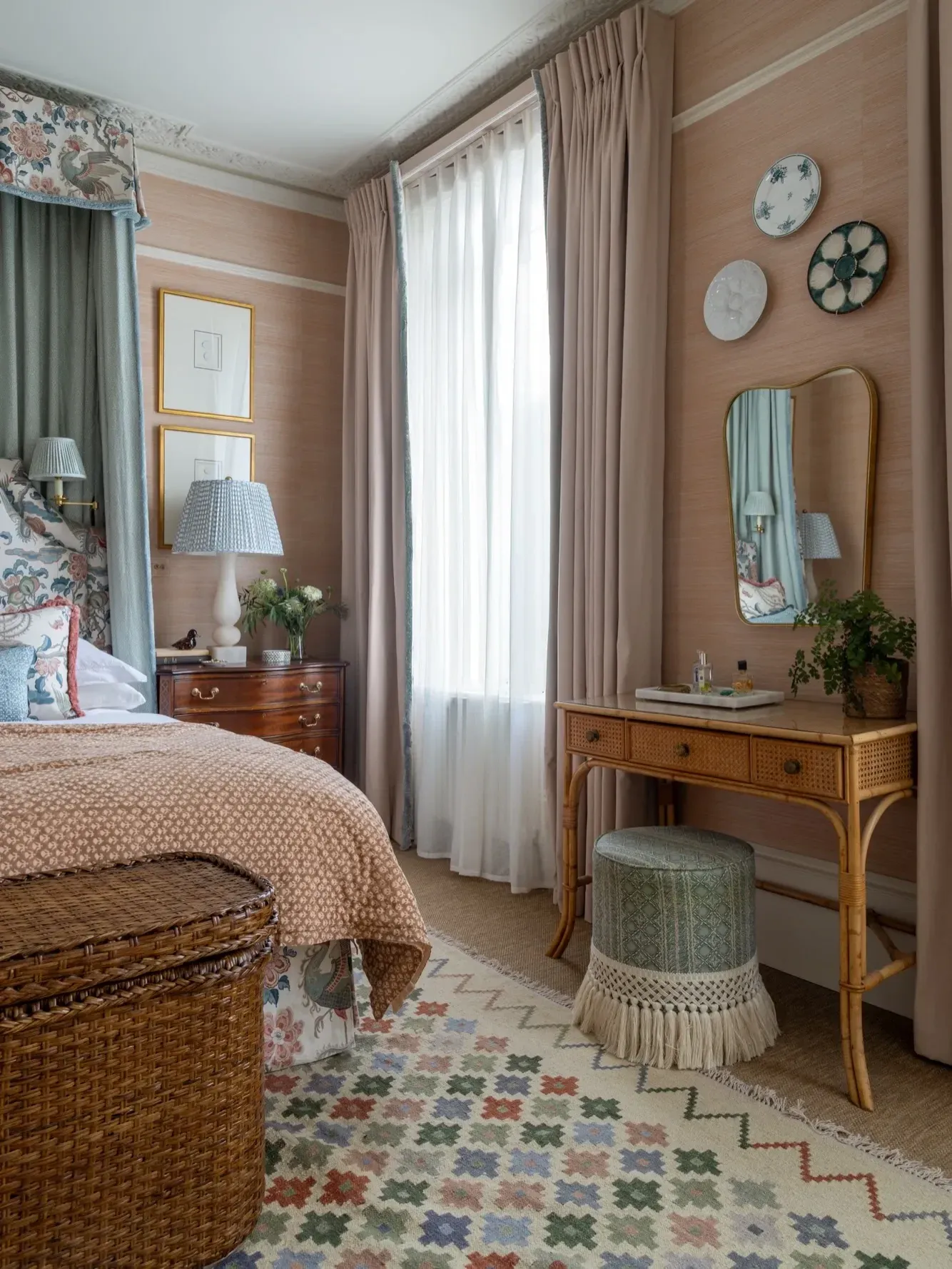 pretty vintage home decor ideas with wood dresser, botanical art, patterned rug, and soft curtains
