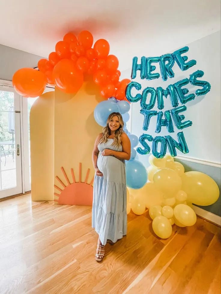 here comes the son boy baby shower balloon wall
