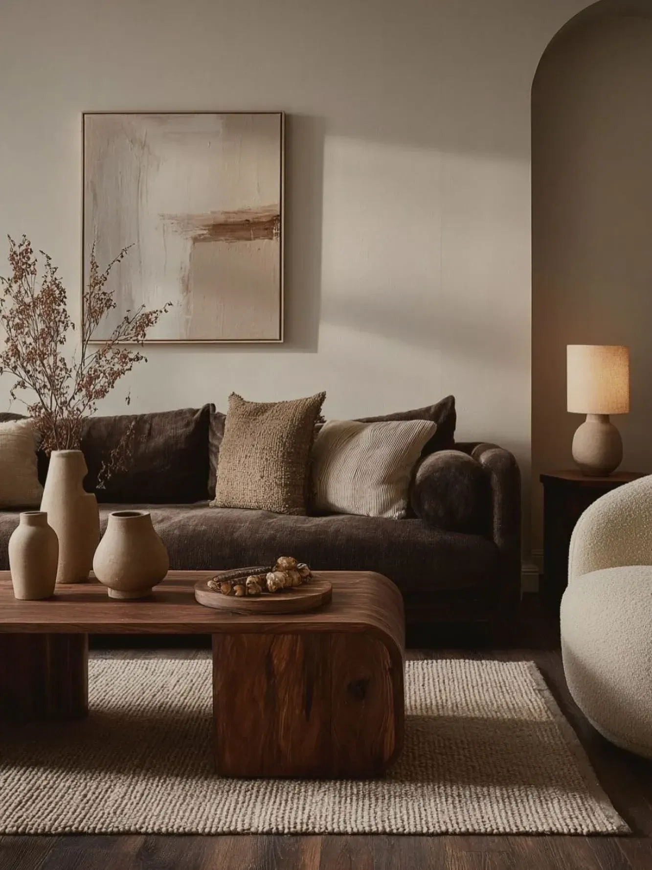 moody living room ideas with brown sofa, wood coffee table, neutral rug, and warm table lamp