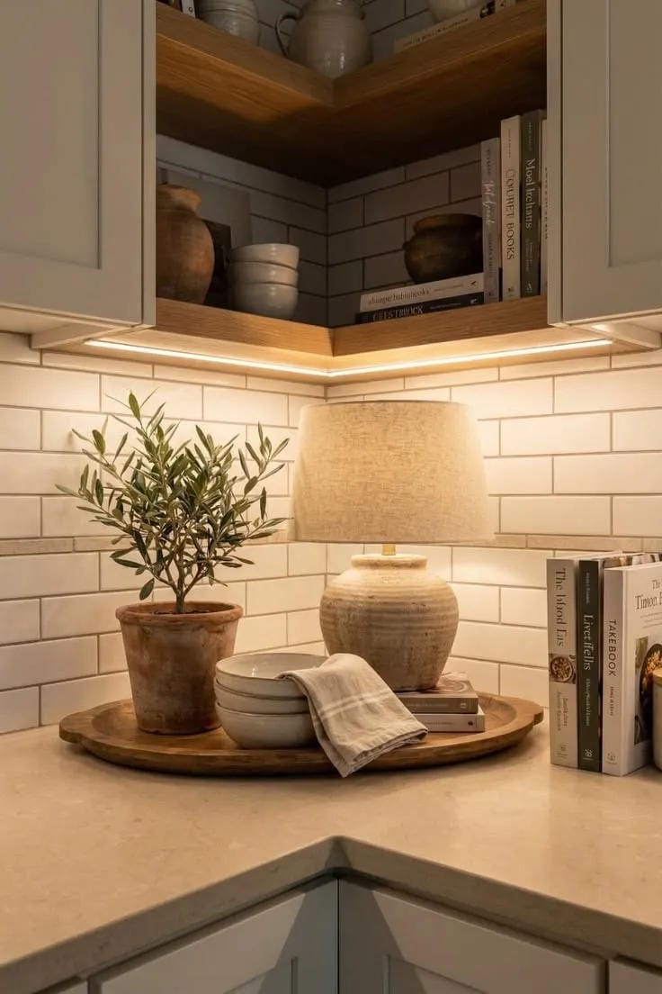kitchen counter decor ideas with small lamp cookbooks olive tree and wood tray