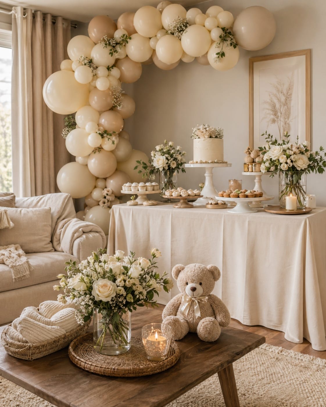 beige and white neutral baby shower dessert table